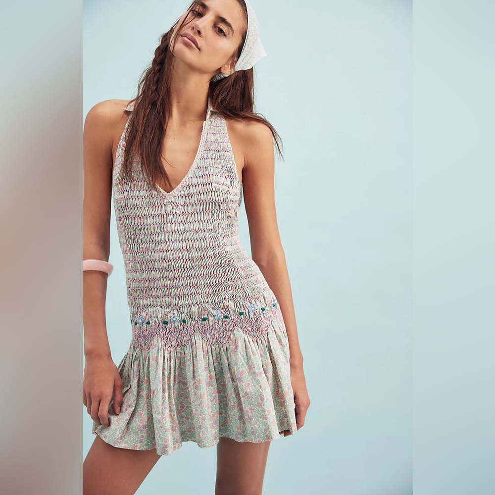 NWT Free People Flirty In Florals Smocked Mini Dress